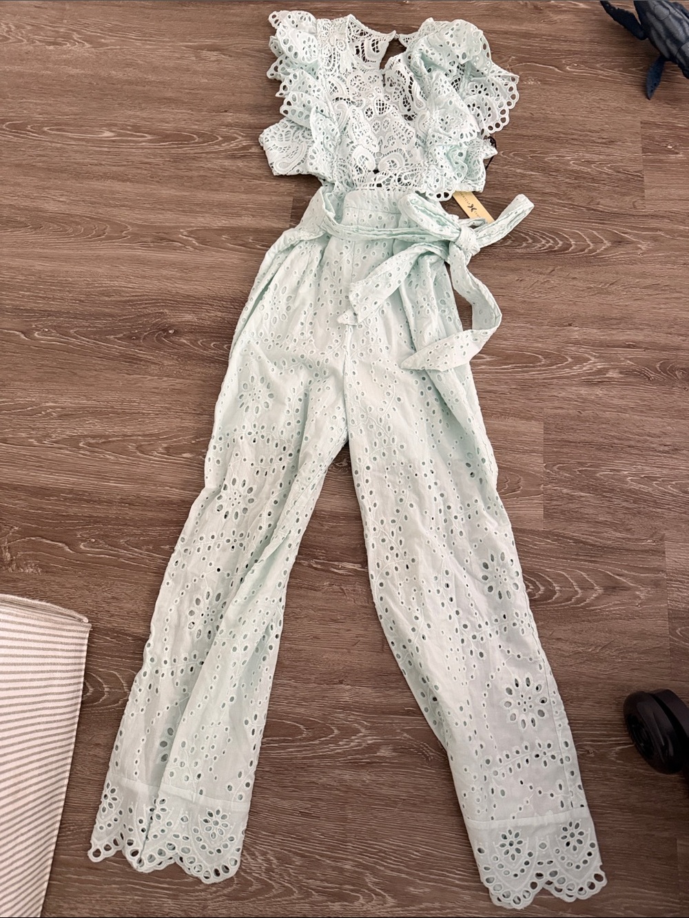 Free People Mint Eyelet Tie-Waist Jumpsuit